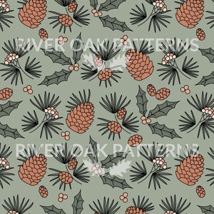 May include: A repeating pattern on a sage green background featuring illustrated terracotta pinecones, dark green holly leaves, clusters of light pink berries, and black pine needles. The text RIVER OAK PATTERNS is overlaid in white.