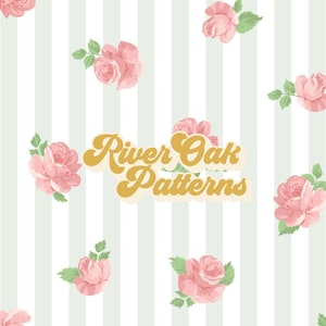 May include: A seamless pattern featuring pink roses on a white background with light green vertical stripes. The text "River Oak Patterns" is in the centre of the image.