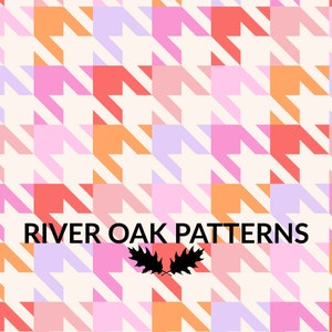 May include: A seamless pattern featuring a houndstooth design in shades of pink, orange, and purple. The pattern is set against a white background. The text "River Oak Patterns" is centered at the bottom of the image, with a stylized oak leaf logo below it.