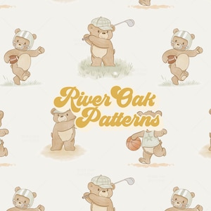 Sport Teddy Bär nahtlose Datei, Salbei grün Tier Sommer Baseball Fußball Basketball Golf Rapportmuster für Stoff und digitales Papier