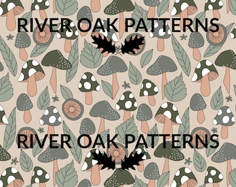 Neutral Mushrooms Seamless Repeat Pattern green woodland boho retro for Commercial Use