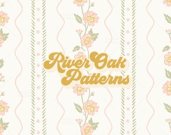 Pink and Green Floral and Wavy Vertical Stripes Seamless Pattern: Cottagecore Design (Digital Download)