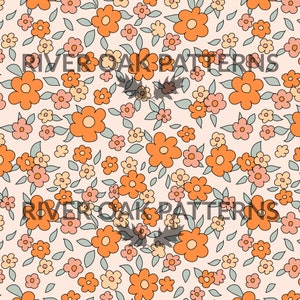 Hippie Retro Floral Seamless Repeat Pattern orange boho flowers for Commercial Use