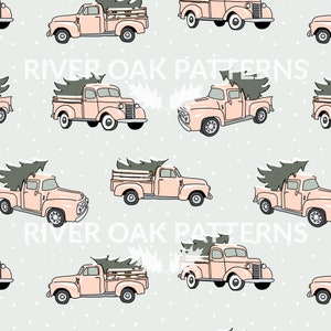 May include: A seamless pattern featuring pink vintage pickup trucks carrying Christmas trees on a light blue background with white polka dots. The text "River Oak Patterns" is repeated throughout the pattern.