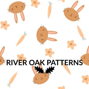 May include: A seamless pattern featuring brown bunnies with pink ears, orange carrots, and peach-colored flowers. The text "River Oak Patterns" is centered on the image.