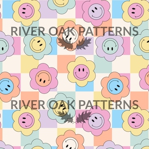 Pastel Smiling Flowers on checkerboard tossed Seamless File Digital Repeat Pattern for Commercial Use retro 90s happy smile