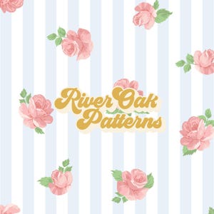 May include: A seamless pattern featuring pink roses on a light blue and white striped background. The text "River Oak Patterns" is in the center of the image.