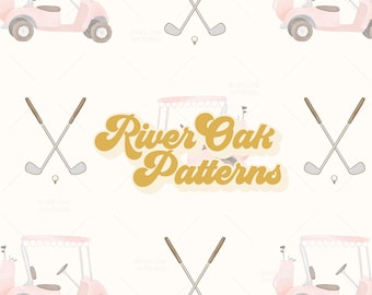 Pink Vintage Golf Cart Seamless Pattern: Watercolor Golf Clubs (Digital Download)