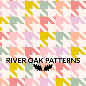 May include: A seamless pattern featuring a houndstooth design in shades of pink, yellow, green, and peach. The pattern is on a white background. The text "River Oak Patterns" is at the bottom of the image.