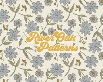 Dammigt blått Cottagecore blommigt sömlöst mönster: Kustnära mormorsdesign (digital nedladdning)