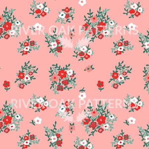 May include: A seamless pattern featuring a pink background with red, white, and green floral bouquets. The bouquets are made up of small flowers and leaves.