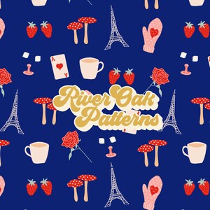 Modello digitale ripetuto alla moda per San Valentino, file senza soluzione di continuità, per uso commerciale, torre Eiffel blu scuro, funghi, caffè, rose, fragole