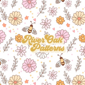 May include: A seamless pattern featuring bees, flowers, and leaves in a pastel color palette. The text "River Oak Patterns" is in the center of the design.