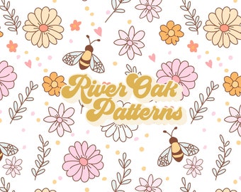 Bees and Flowers Seamless File, summer floral Repeat Pattern for fabric printing