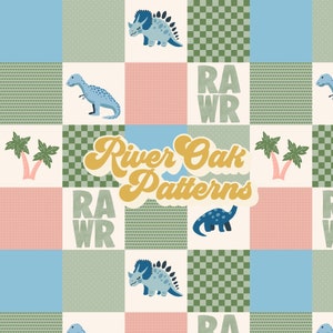 Cute Dinosaur Patchwork Seamless File - Blue Trex Triceratops Diplodocus - Digital Repeat Pattern