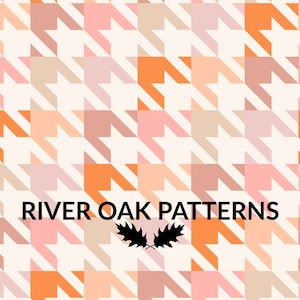 May include: A seamless pattern featuring a houndstooth design in shades of peach, pink, and orange. The pattern is set against a white background. The text "River Oak Patterns" is centred at the bottom of the image, with a stylised oak leaf logo below the text.