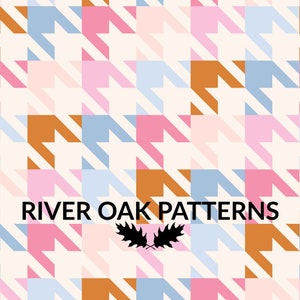 May include: A seamless pattern featuring a houndstooth design in shades of pink, blue, brown, and white. The pattern is repeated throughout the image. The text "River Oak Patterns" is centered at the bottom of the image, with a stylized oak leaf logo below it.