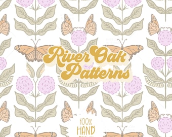 Milkweed Plant and Monarch Butterflies Seamless Pattern: Pastel Botanical Digital Paper