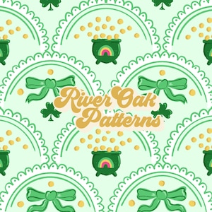 Puede incluir: Patrón repetitivo con motivos del Día de San Patricio. El diseño incluye ollas verdes de oro con arcoíris, lazos verdes, tréboles y monedas de oro sobre un fondo verde claro. El texto "River Oak Patterns" está en una fuente retro.