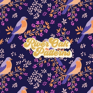 Blue Birds and Flowers Seamless File, romantic dark boho Repeat Pattern for fabric printing
