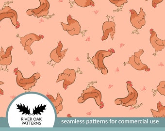 Naadloos kippenpatroon: stofontwerp boerderijkippen (digitale download)