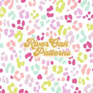 May include: A repeating pattern of colorful, irregular shapes in shades of pink, green, and peach on a white background. The text "River Oak Patterns" is in a gold, retro font.