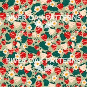 May include: A seamless pattern featuring red strawberries and white flowers on a light green background. The strawberries are arranged in a repeating pattern, with some facing up and some facing down. The flowers are scattered throughout the pattern.