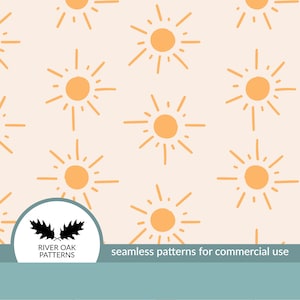 May include: A seamless pattern featuring a repeating design of orange suns with rays on a light peach background. The pattern is labeled "River Oak Patterns" and "seamless patterns for commercial use".