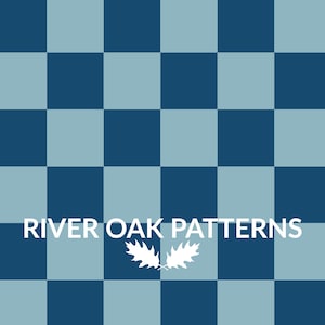 May include: A blue and light blue checkered pattern with the text "River Oak Patterns" and a white oak leaf design.