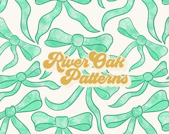 Può includere: Uno schema senza cuciture con fiocchi di acquerello blu-verde su uno sfondo bianco. Il testo "River Oak Patterns" è al centro dell'immagine in un font retrò.
