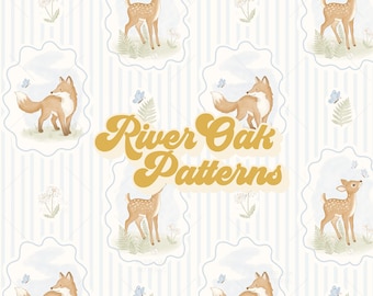Hand Drawn Woodland Animals Seamless Pattern: Fawn Fox Butterflies Cameo and Vertical Stripes