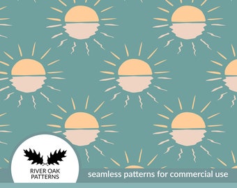 Boho Sunset Reflection in Blue Green Seamless Digital Repeat Pattern for Commercial Use Sunrise Suns Sunshine Nursery