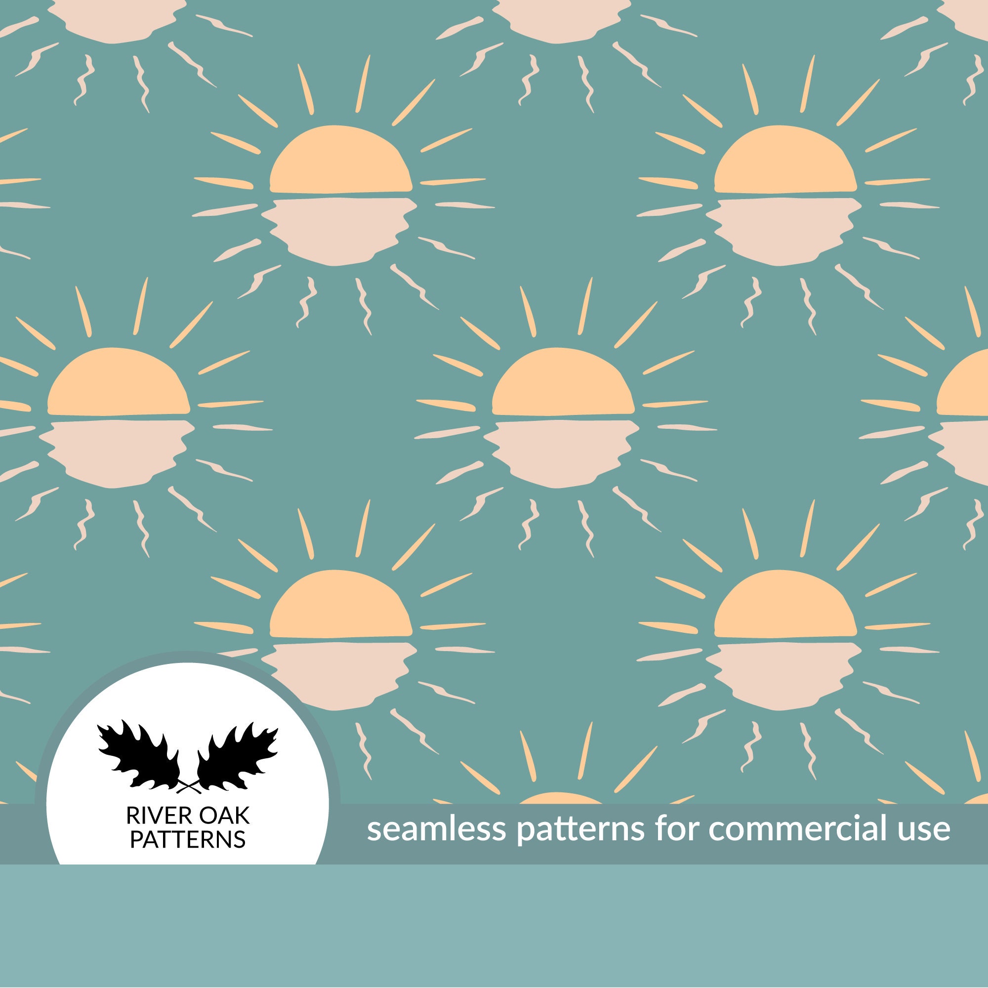 Boho Sunset Reflection in Blue Green Seamless Digital Repeat Pattern for Commercial Use Sunrise Suns Sunshine Nursery