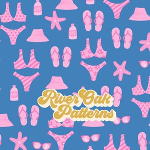 May include: A seamless pattern featuring pink and white striped and polka dot swimsuits, flip flops, sunglasses, starfish, sun hats, and bottles of sunscreen on a blue background. The text "River Oak Patterns" is in the centre of the design.