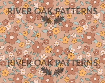 Neutral Retro Floral Seamless Repeat Pattern brown boho flowers for Commercial Use