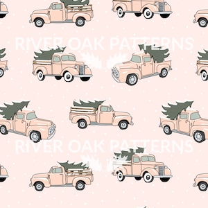 Pastel Pink Old Pickup Truck with Christmas Tree Seamless File Digital Repeat Pattern for Commercial Use