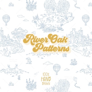 May include: A white fabric featuring a blue line-art toile pattern of castles, swans on a pond, hot air balloons, rabbits, and trees. The text River Oak Patterns is centered in gold, with 100% HAND DRAWN printed in gold below it.