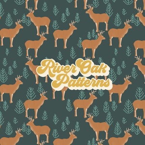 May include: A seamless pattern featuring stylized deer in a brown color against a dark teal background. The deer are facing different directions and are surrounded by small, stylized pine trees. The text "River Oak Patterns" is in a yellow retro font.