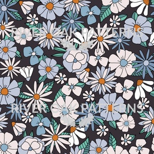 Może przedstawiać: Wzór bez szwów z różnymi niebieskimi, białymi i pomarańczowymi kwiatami na ciemnoszarym tle. Kwiaty są stylizowane i mają retro charakter.
