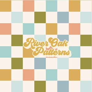 May include: A checkered pattern with squares in shades of blue, green, orange, and pink. The pattern is repeated throughout the image. The text "River Oak Patterns" is in the center of the image in a yellow, retro font.