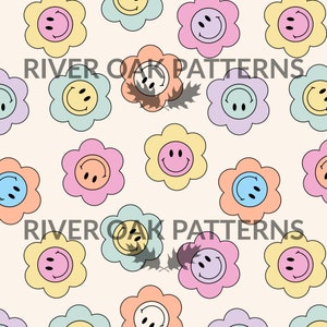 Pastel Smiling Flowers tossed Seamless File Digital Repeat Pattern for Commercial Use retro 90s happy smile