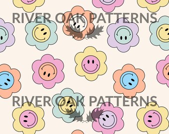 Pastel Smiling Flowers Seamless Pattern: Retro 90s Repeat File (JPEG)