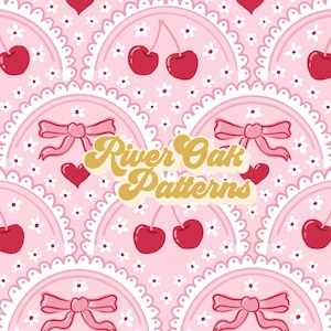 May include: A pink and white seamless pattern featuring cherries, bows, hearts, and a white lace design. The text "River Oak Patterns" is in the center of the image.