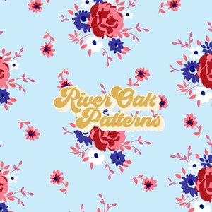 red and blue flowers Seamless File, vintage cottagecore summer floral Repeat Pattern digital download for commercial use
