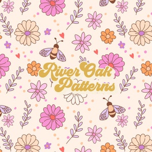 May include: A seamless pattern featuring a variety of flowers, bees, and leaves in pink, orange, yellow, and white colors on a light beige background. The text "River Oak Patterns" is in the center of the design in a gold color.