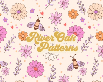 Bees and Flowers Seamless File, bright pink summer floral Repeat Pattern for fabric printing