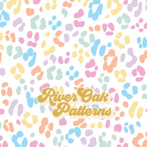 May include: A seamless pattern featuring a white background with pastel coloured spots in various shapes and sizes. The text "River Oak Patterns" is in a retro font in the centre of the image.