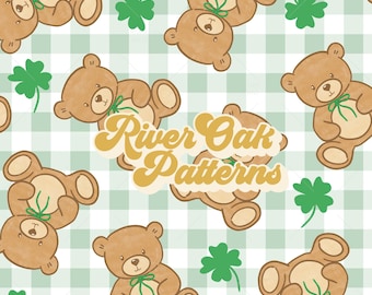 St Patrick's Day Gingham Teddy Bear Seamless Pattern File with Green Shamrocks (Digital Dowload)