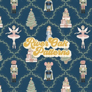 May include: A repeating pattern on a navy blue background featuring Christmas-themed illustrations. The design includes a Christmas tree, a ballerina, a nutcracker, a mouse king, and wrapped gifts. The text "River Oak Patterns" is also present.