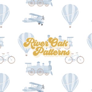 Patrón sin costuras de transporte azul con avión vintage, tren, bicicleta, globo aerostático, patrón repetido para guardería de niños de viaje